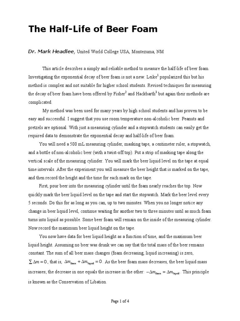 Half Life of Beer Foam Lab PDF Foam Radioactive Decay