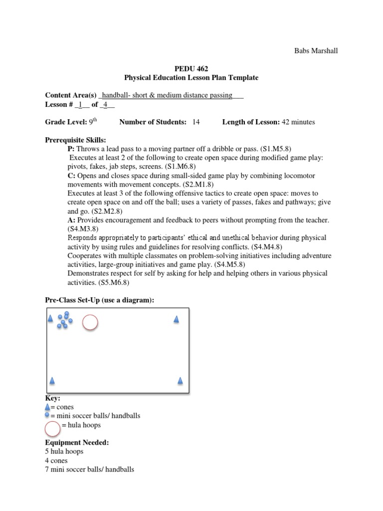 Handball Lesson Plan 1 PDF Physical Education Sports