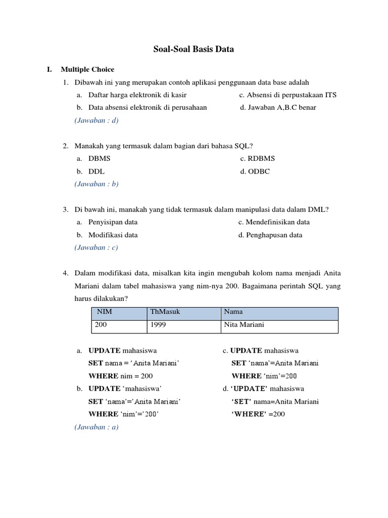 Soal Basis Data Pilihan Ganda Beserta Jawabannya Sumber