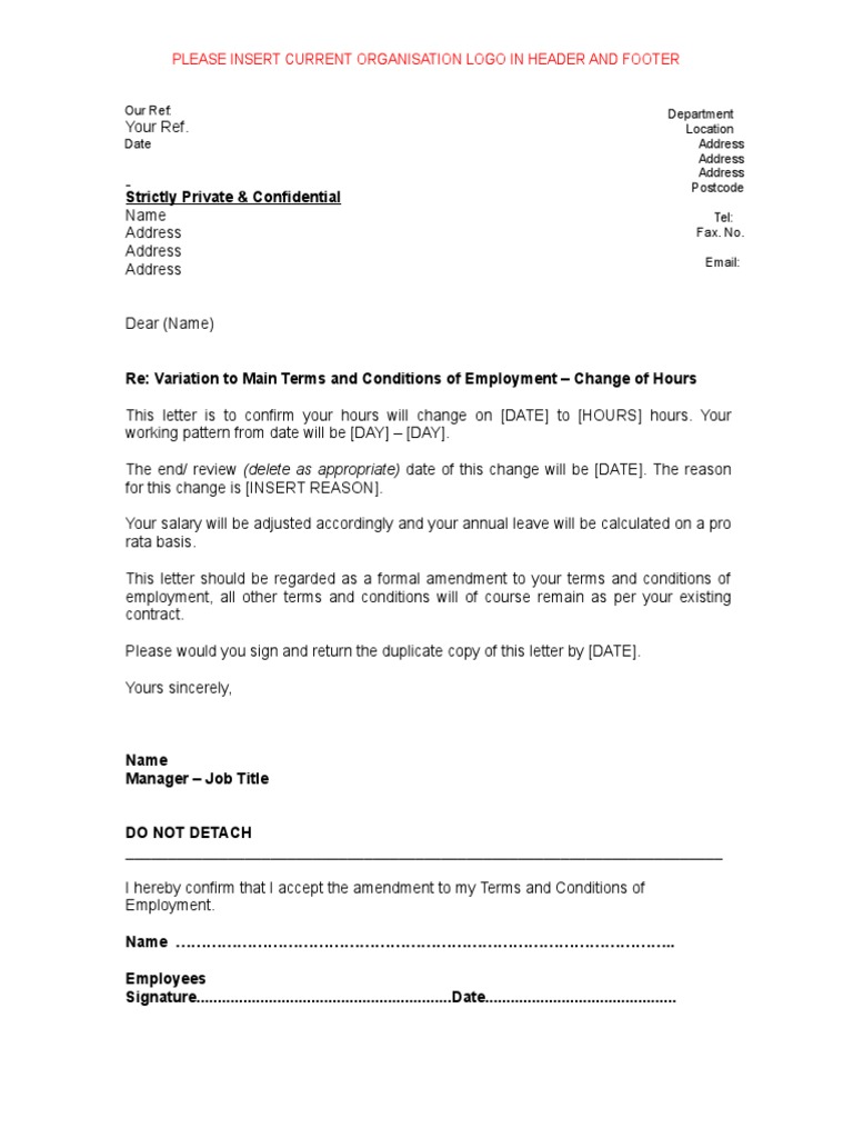Template Change of Hours Letter PDF