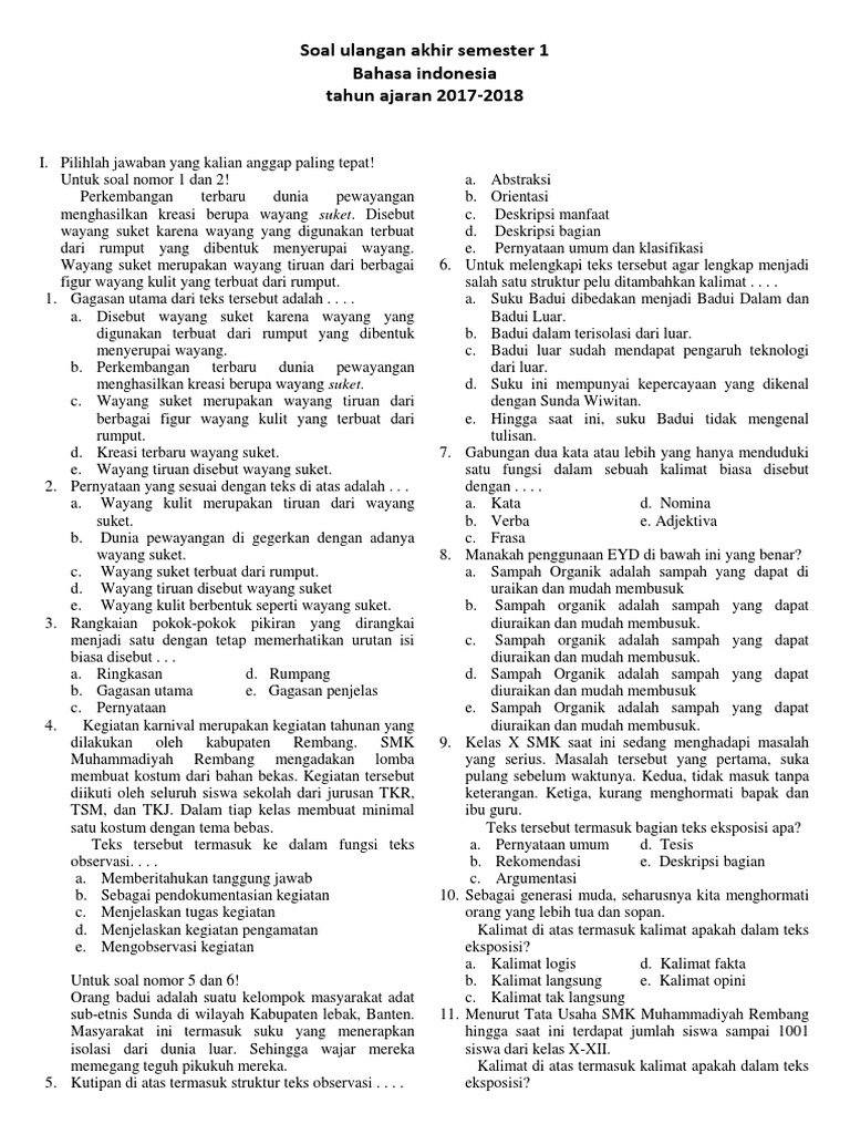 Soal Uas Basindo Kelas X Semester 1 Ganjil 2017 2018