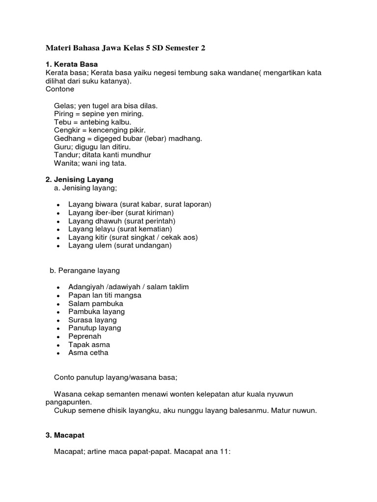 Materi Bahasa Jawa Kelas 5 SD Semester 2 | PDF