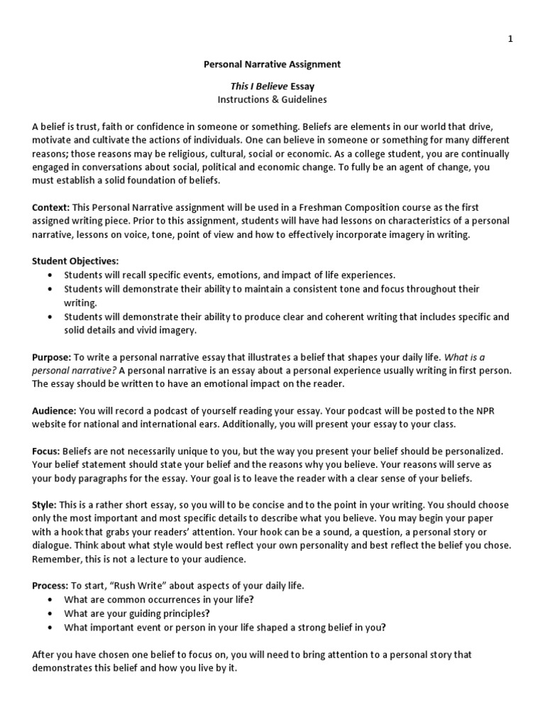 Personal Narrative This I Believe Assignment Handout Pdf Essays Narrative