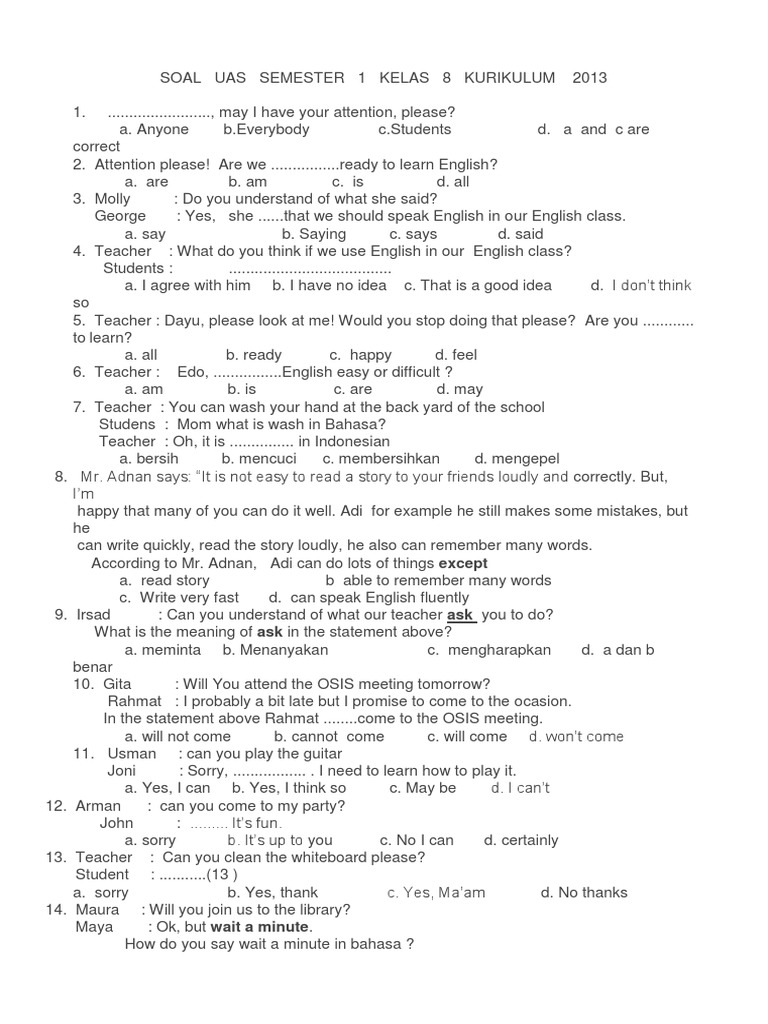 Soal B Inggris Kelas 8 Zoo Animals And Humans