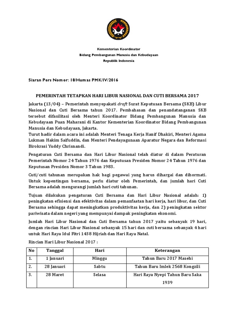 18. SKB 3 Menteri Hari Libur Nasional dan Cuti Bersama