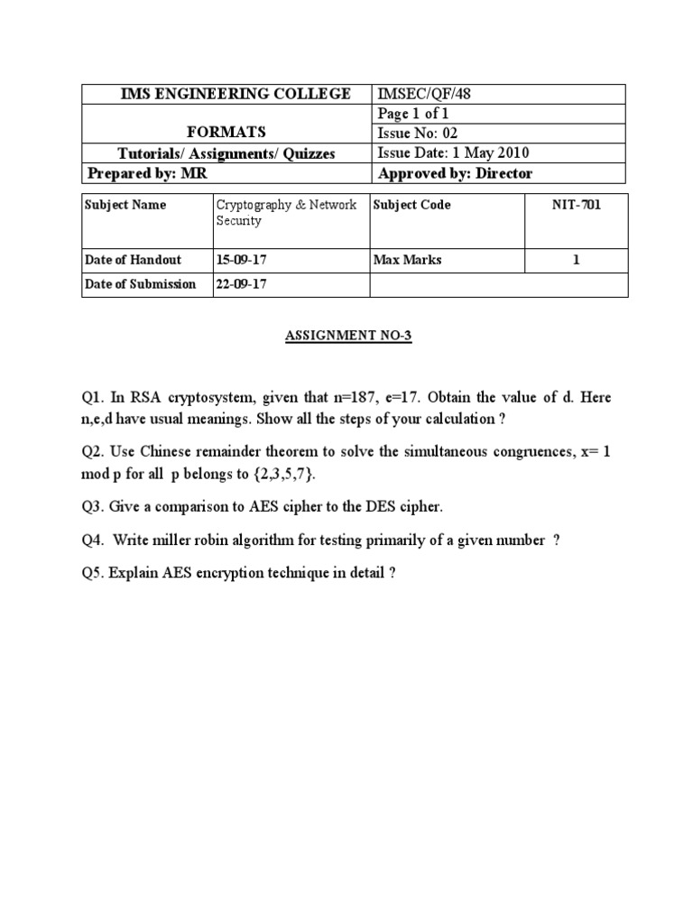 Cryptography Assignment Questions NIT-701 | PDF | Cryptography ...