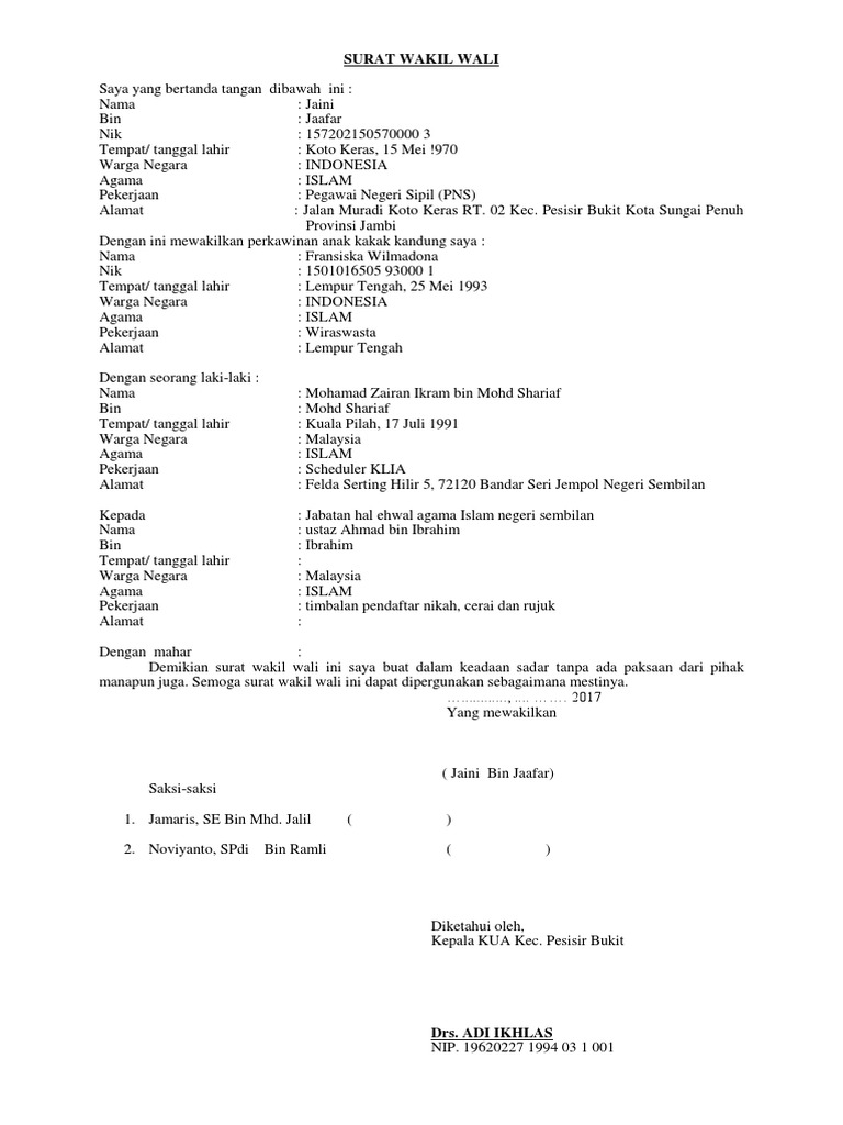 Surat Wakil Wali