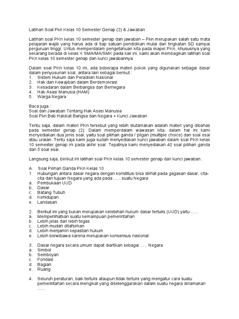 Latihan Soal Pkn Kelas 10 Semester Genap