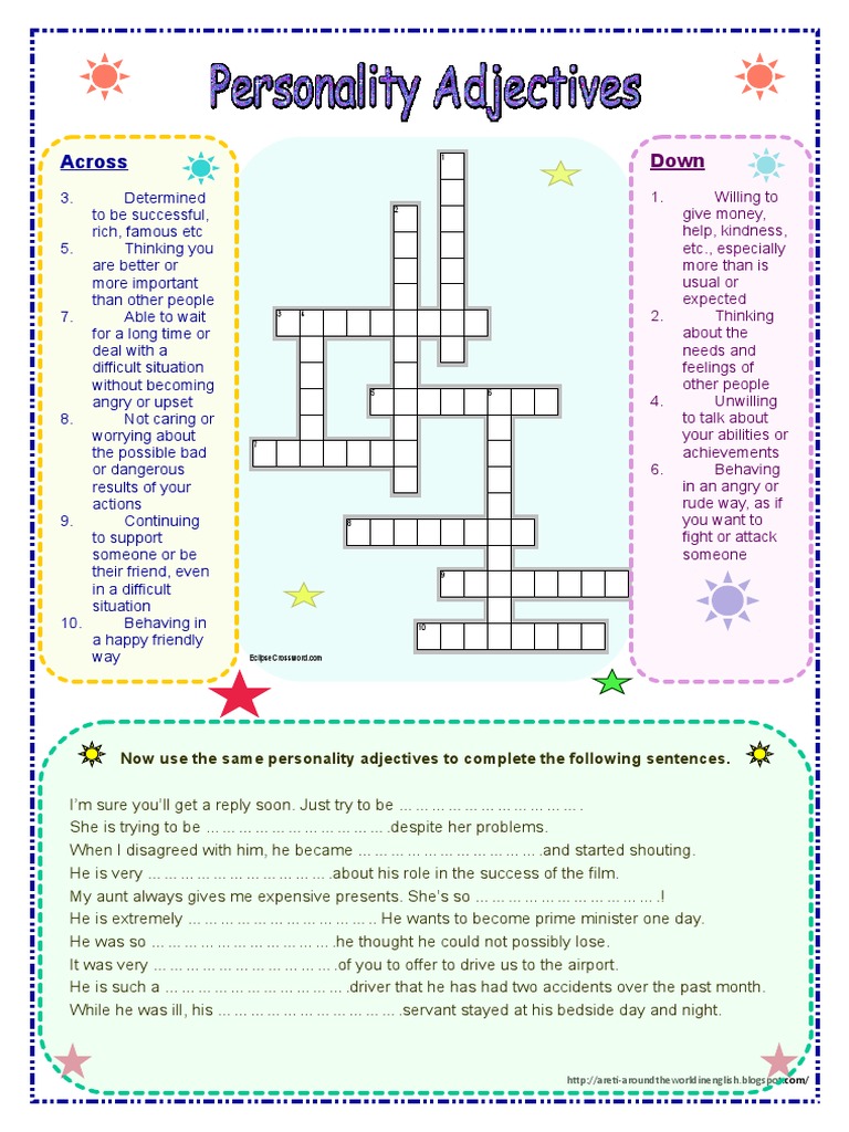 Across: Now Use The Same Personality Adjectives To Complete The ...