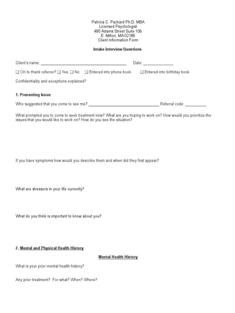 Intake Interview Questions Substance Abuse Psychological Trauma