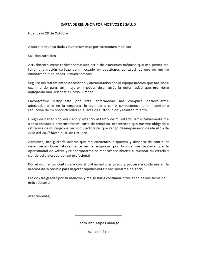 Carta de Renuncia Por Motivos de Salud  Bienestar  Medicina