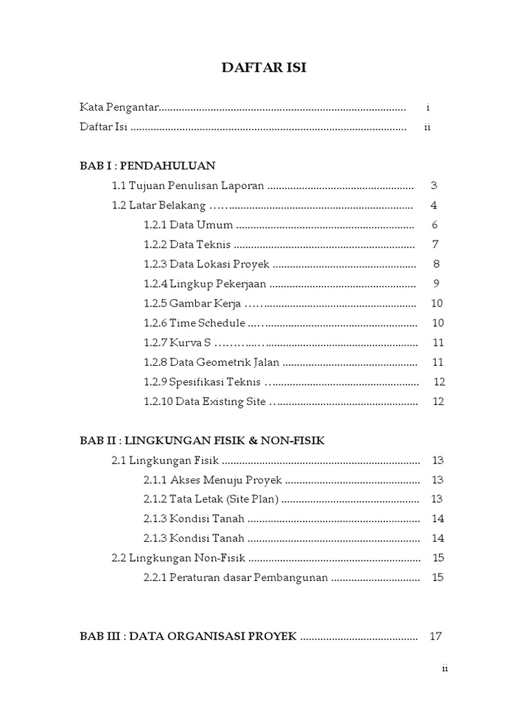 Daftar Isi penyusunan laporan proyek