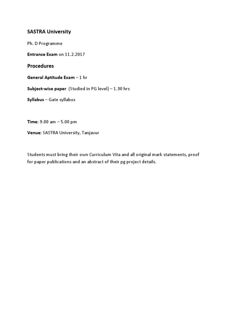 SASTRA University: Ph D Programme PDF Qualifications Educational