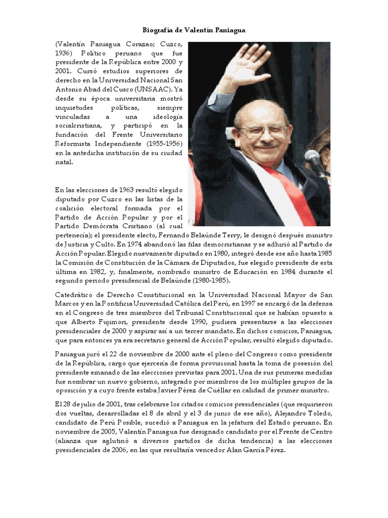 Biografía de Valentín Paniagua PDF Elecciones Gobierno
