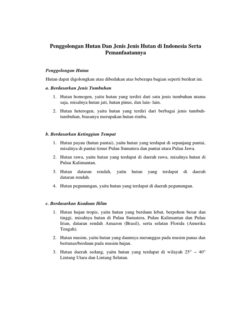 Penggolongan Hutan Dan Jenis Jenis Hutan Di Indonesia Serta