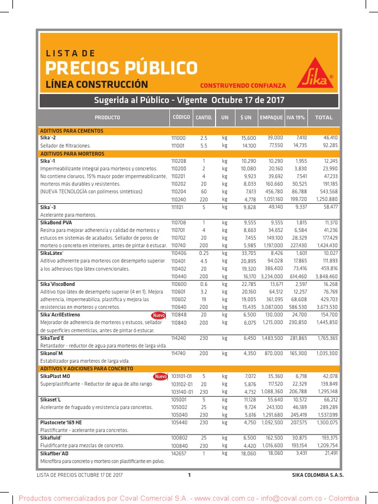 LISTA DE PRECIOS SIKA OCT2017 | Hormigón | Pintar