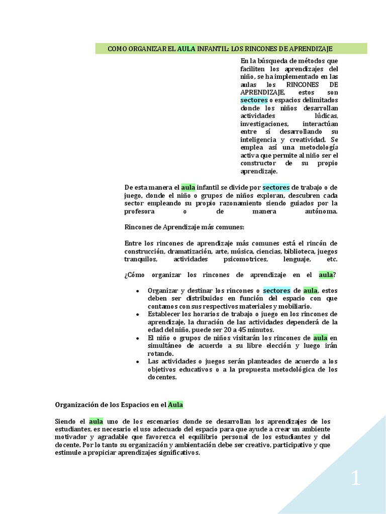 Como Organizar El Aula Infantil | PDF | Salón de clases | Aprendizaje