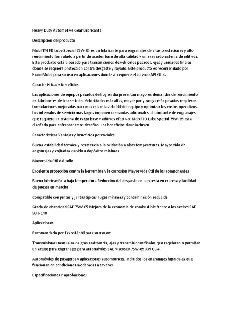 Mobil ™ FD Lube Special 75W-85 | PDF | Engranaje | Lubricante