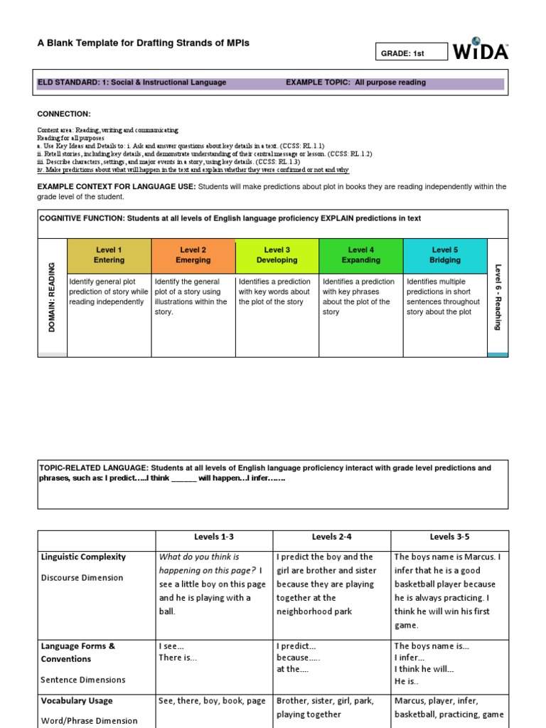WIDA Assessment: Reading Predictions Template | PDF | Phrase | Reading ...