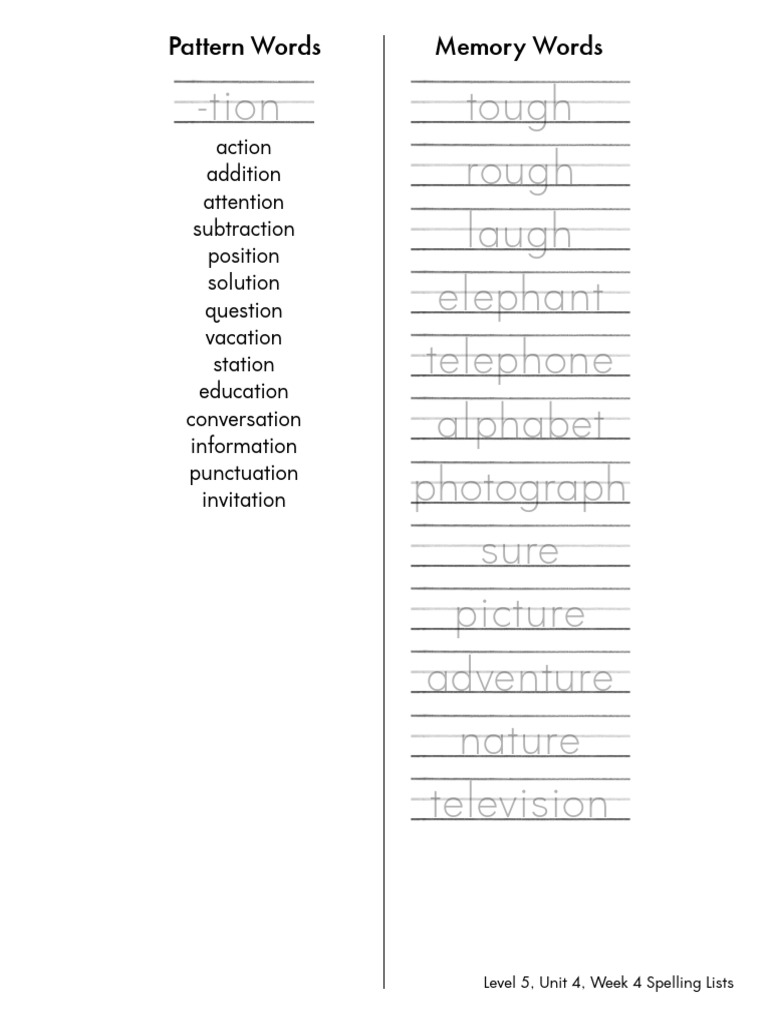 Week 4 Spelling List: -tion Words | PDF