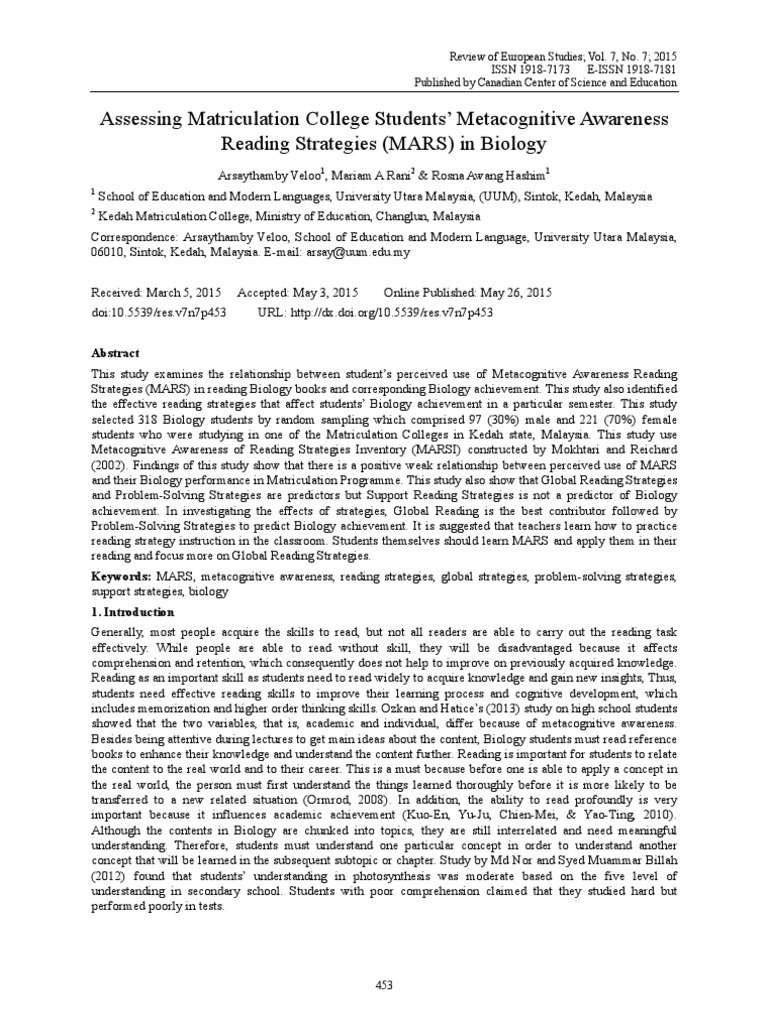 Mars PDF Metacognition Reading Comprehension