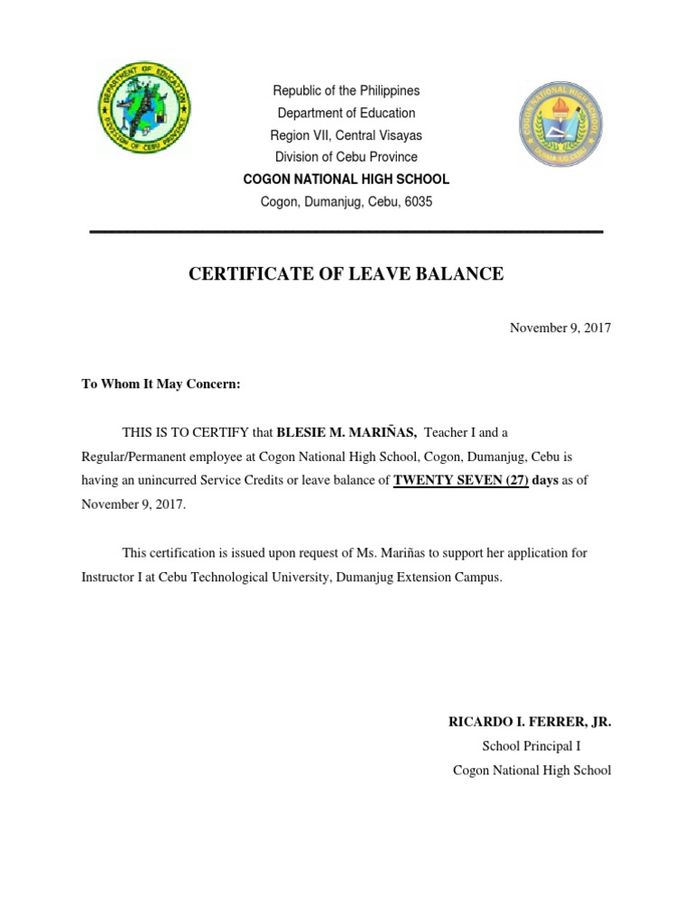 Cert of Leave Balance PDF