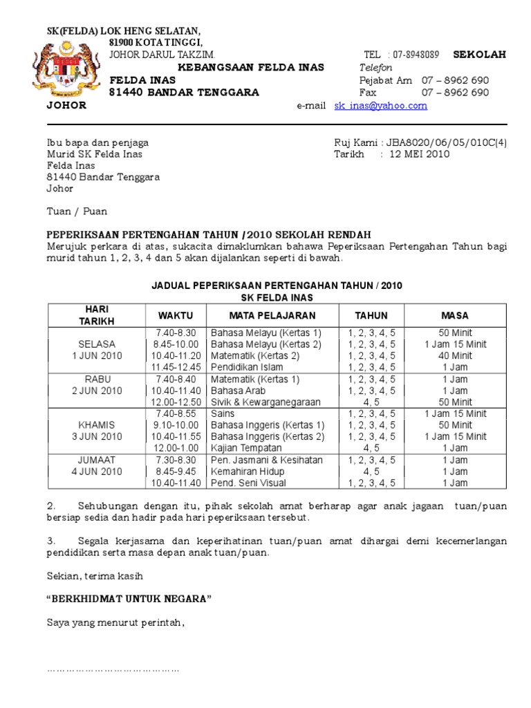 Contoh Surat Makluman Peperiksaan