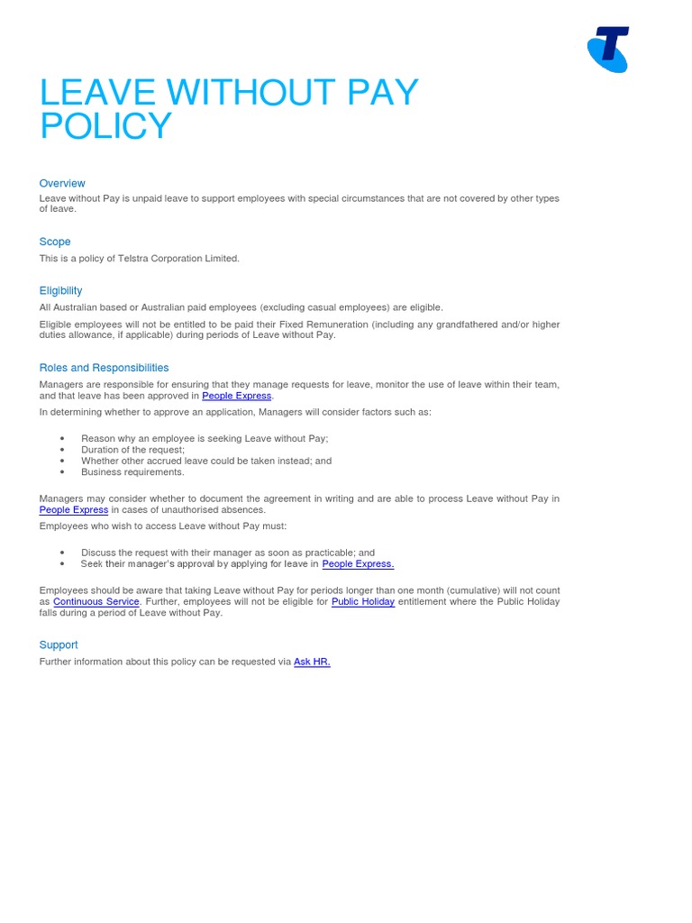 Leave Without Pay Policy Australia