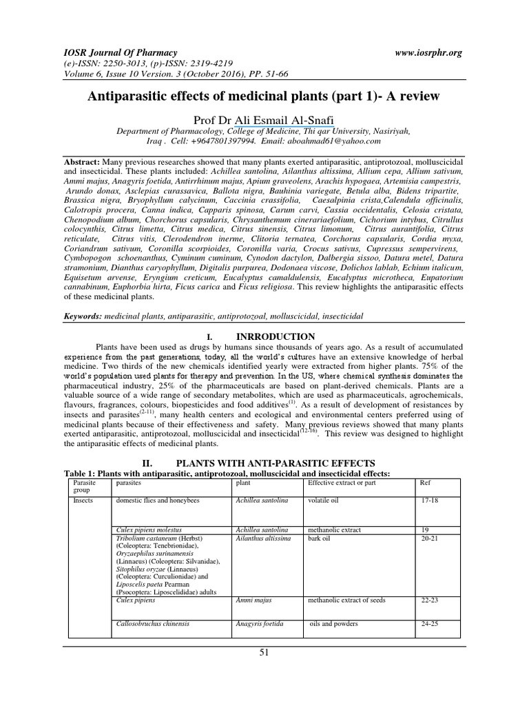 Antiparasitic Effects of Medicinal Plants (Part 1) A Review PDF