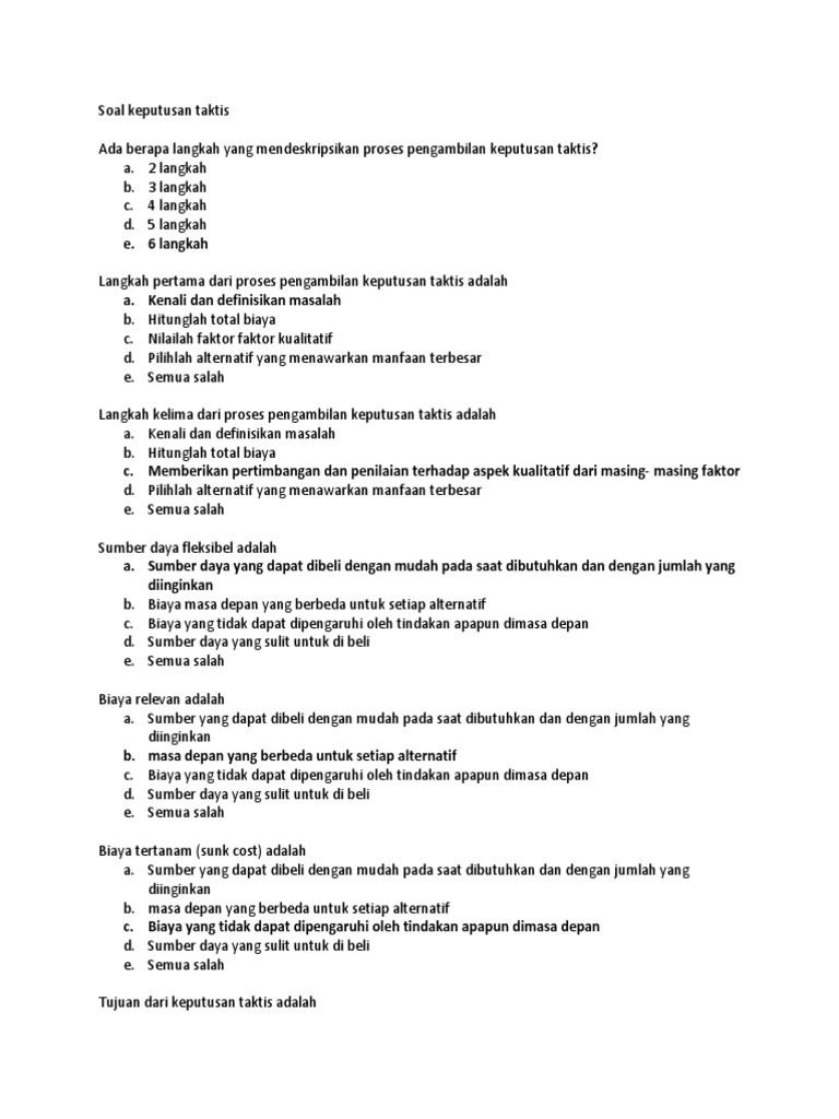 Pertanyaan Dan Jawaban Tentang Pengambilan Keputusan Taktis Jawaban Soal Terbaru