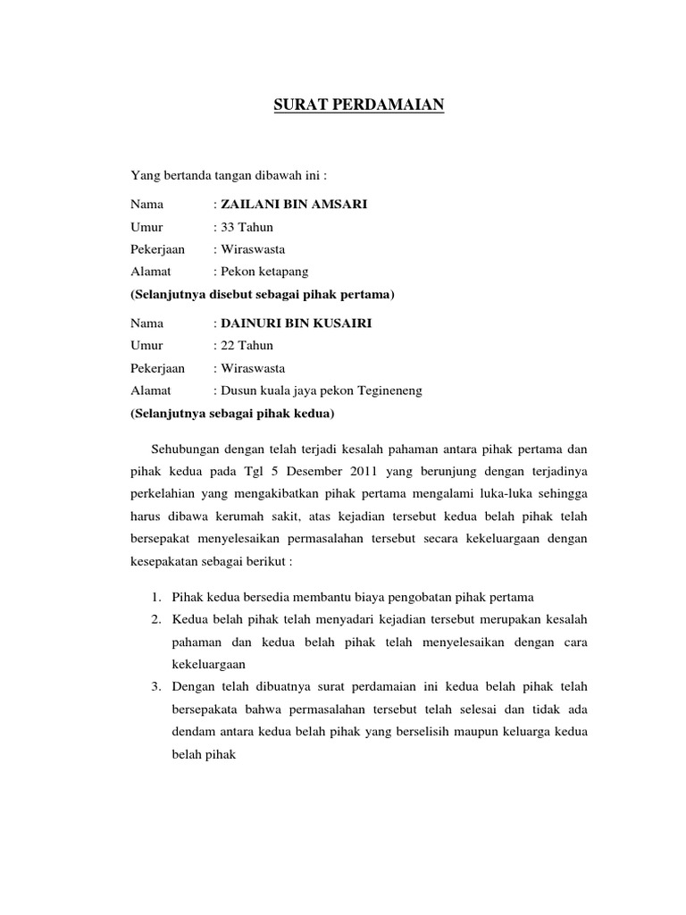 Contoh Surat Perjanjian Damai Perkelahian Mosaicone