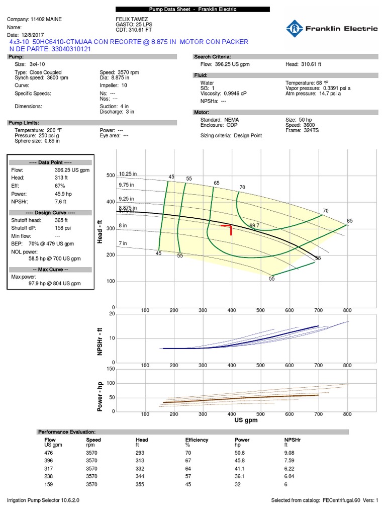 Franklin Electric Pump Data Sheet | PDF | Pump | Liquids
