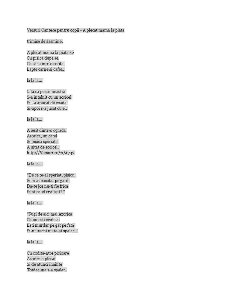 Versuri Cantece Pentru Copii  PDF
