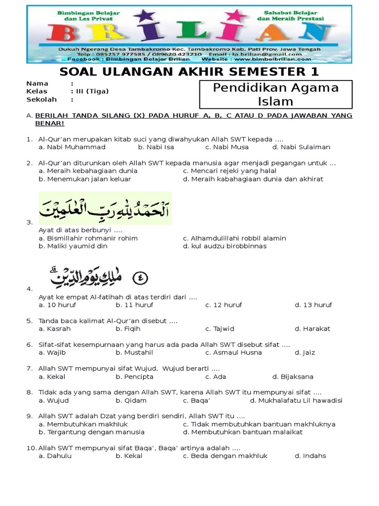 Soal UAS PAI Kelas 3 SD Semester 1 (Ganjil) Dan Kunci Jawaban (Www