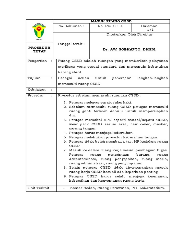 SOP Masuk Ruang Kerja CSSD | PDF