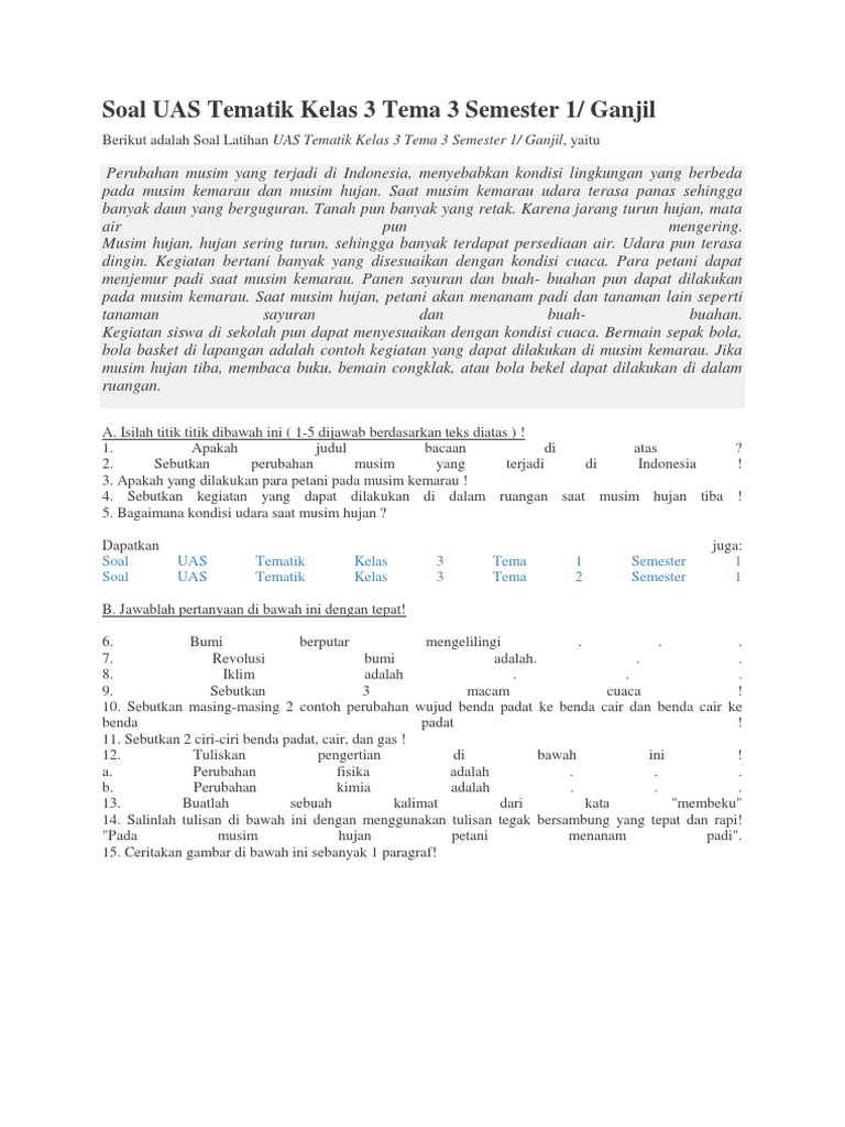 Soal UAS Tematik Kelas 3 Tema 3 Semester 1