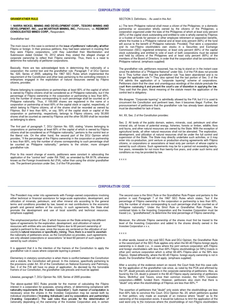 Corporation Code: Grandfather Rule | Download Free PDF | Piercing The ...