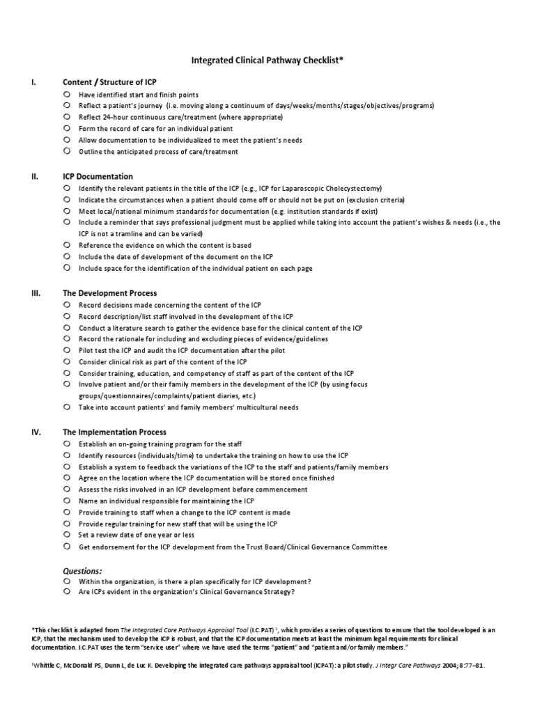 ICP Checklist Health Care Public Health