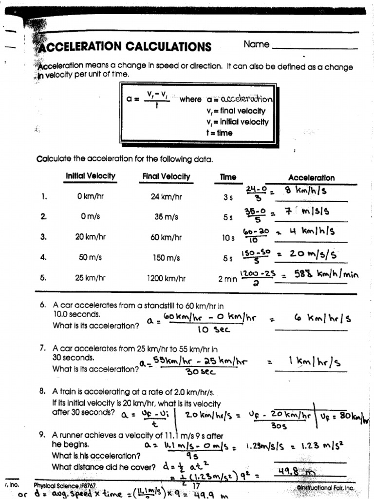 Acceleration Calculations Answer Key Pertaining To Velocity And Acceleration Calculation Worksheet