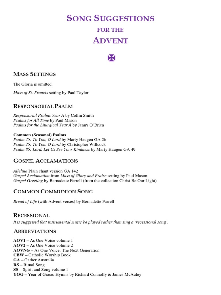 Song Suggestions For Advent Year B PDF Advent Mass Liturgy