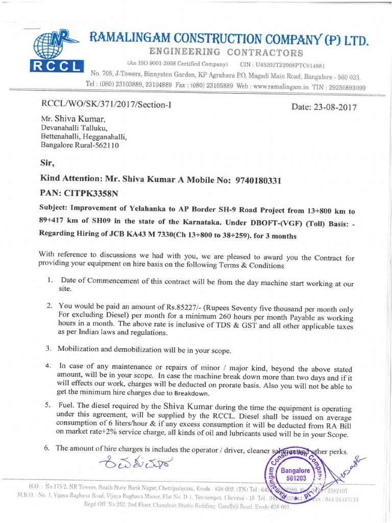 Work Order for JCB WO RCCL SK 371,23.08.17,Section I