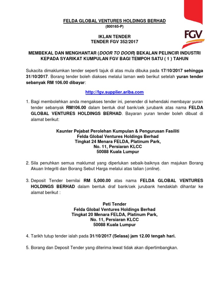 Iklan Tender Bekalan Pelincir Industri