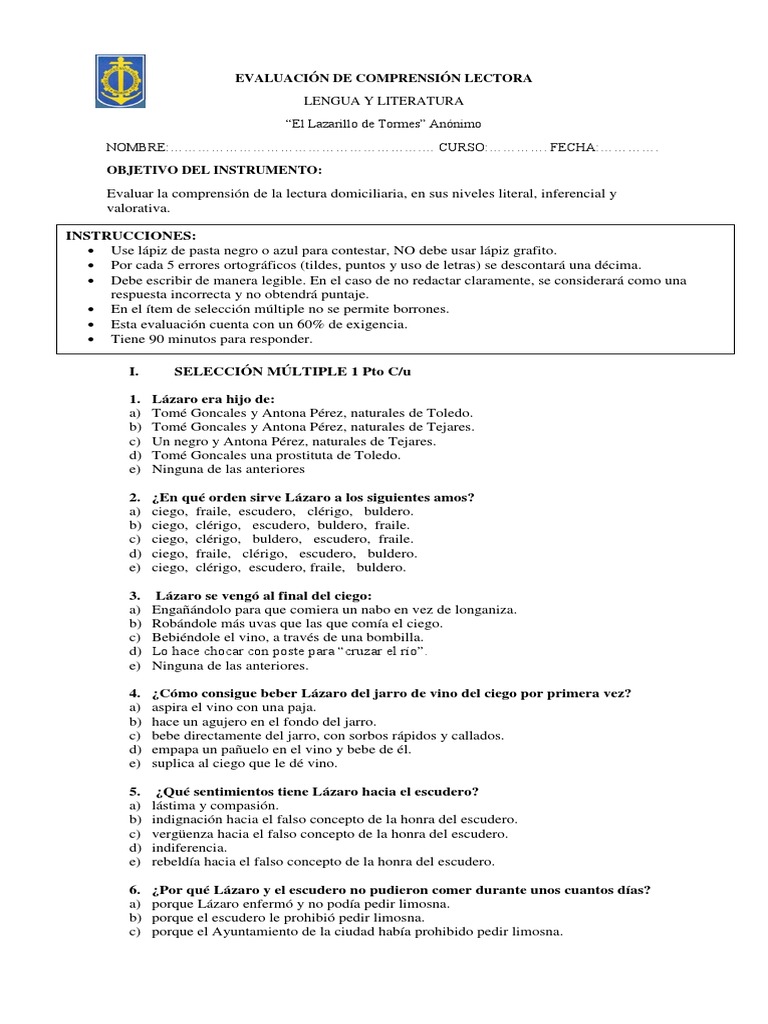 Examen de Comprensión: Lazarillo de Tormes | PDF