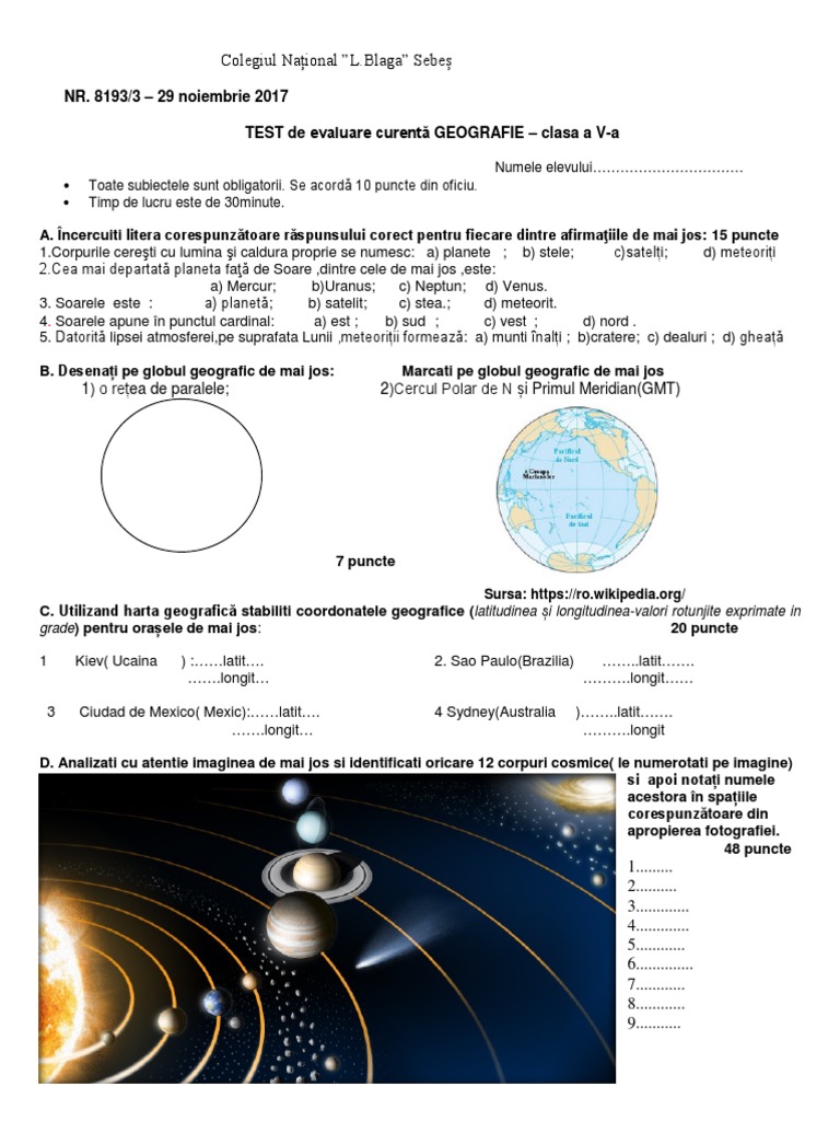 Test Geografia Klasa 5 Geografie - Clasa A V - A - Test de Evaluare PDF