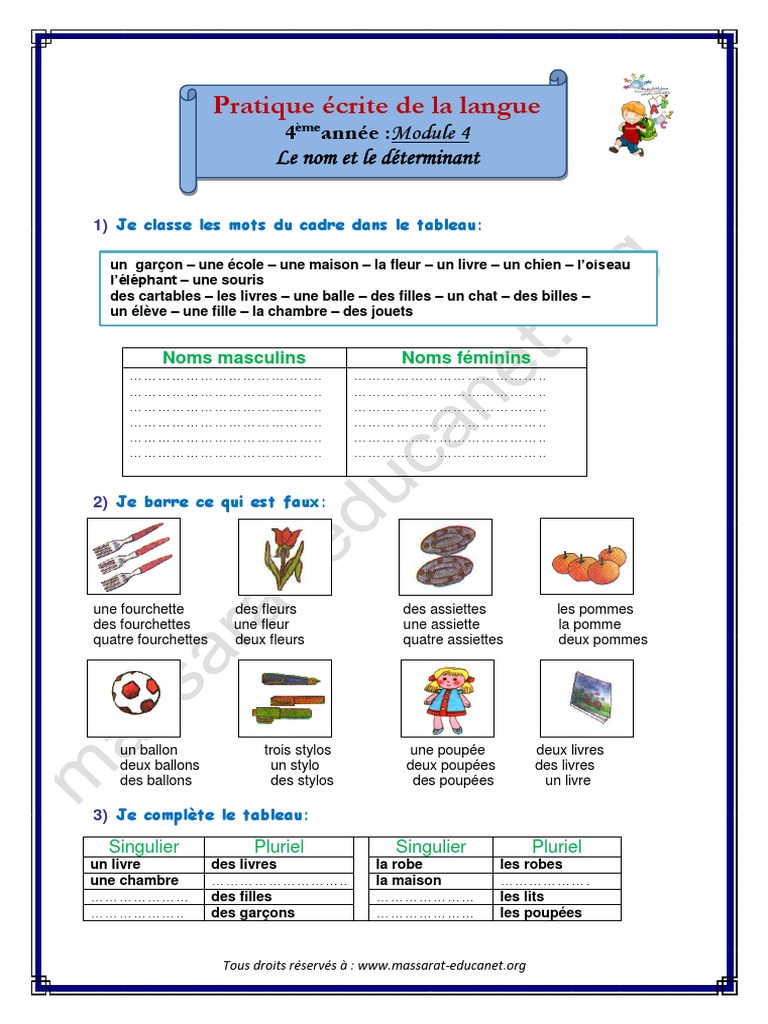 Exercices Français 4ème à Imprimer Pdf Pratique Écrite de La Langue 4ème Année Module 4 Le Nom Et Le Déterminant |  PDF