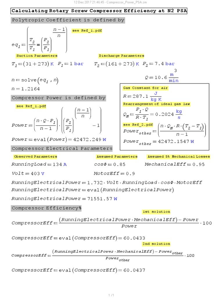 Compressor Efficiency Calculation PDF Continuum Mechanics Energy