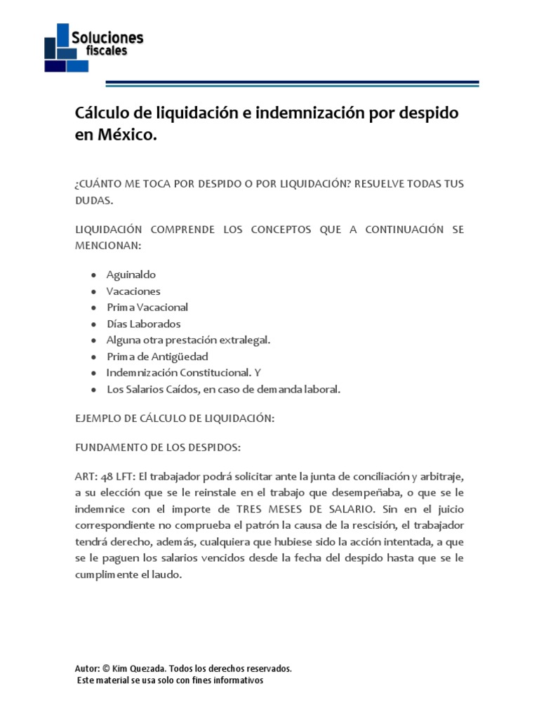 Preceder erosión Él mismo Cálculo de Liquidación e Indemnización Por Despido en México | PDF |  Salario mínimo | Salario