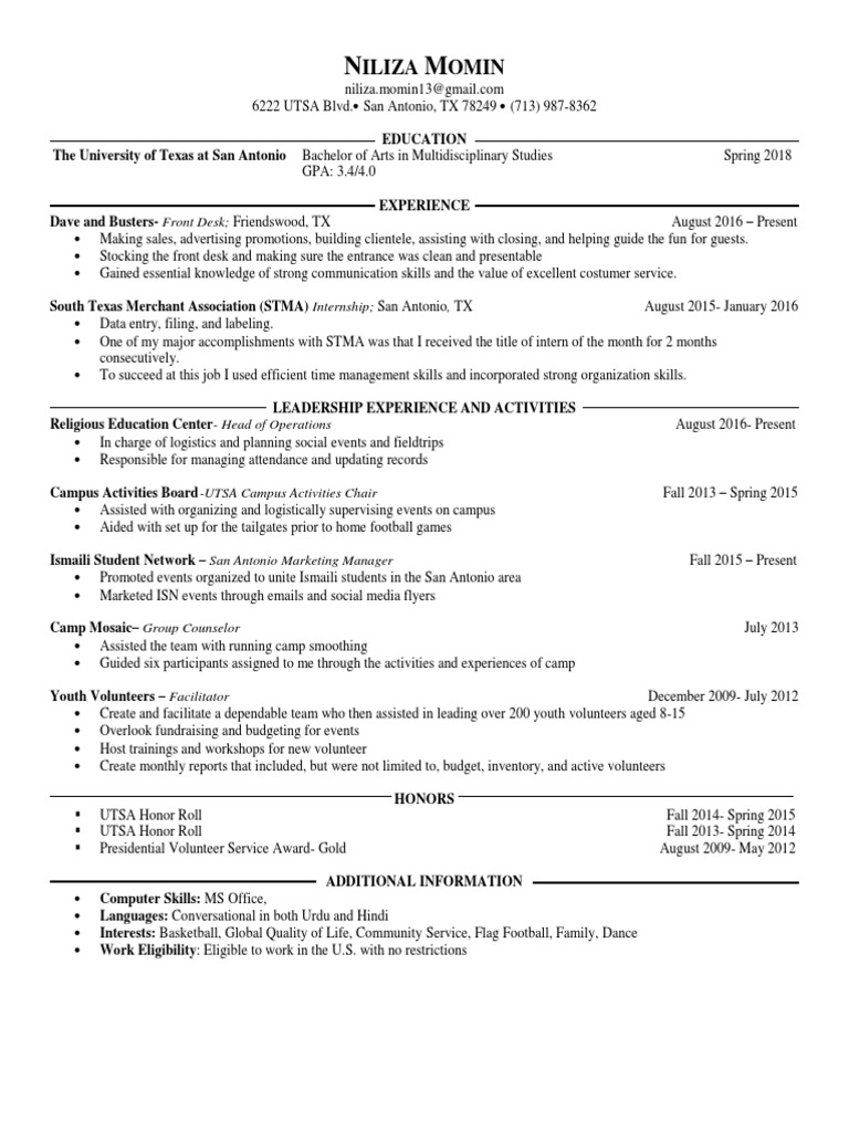 Nilizas Capstone Resume Internship Volunteering
