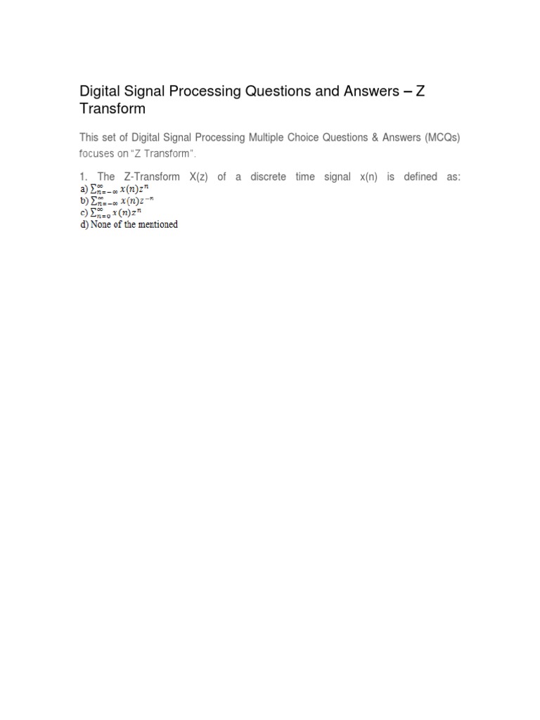 Z Transform MCQs in DSP | PDF | Teaching Methods & Materials