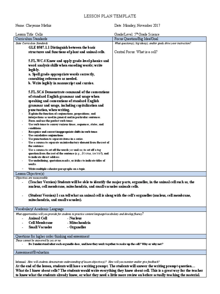 5th Grade Lesson Plan: Cells | PDF | Cell Anatomy | Cell Biology
